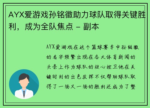 AYX爱游戏孙铭徽助力球队取得关键胜利，成为全队焦点 - 副本
