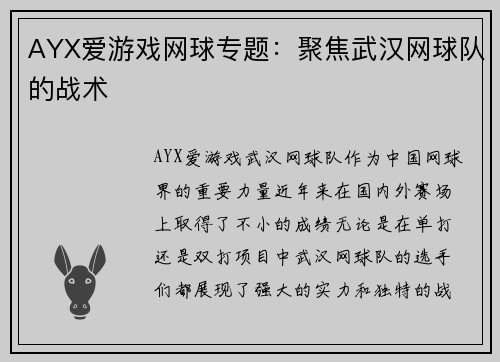 AYX爱游戏网球专题：聚焦武汉网球队的战术