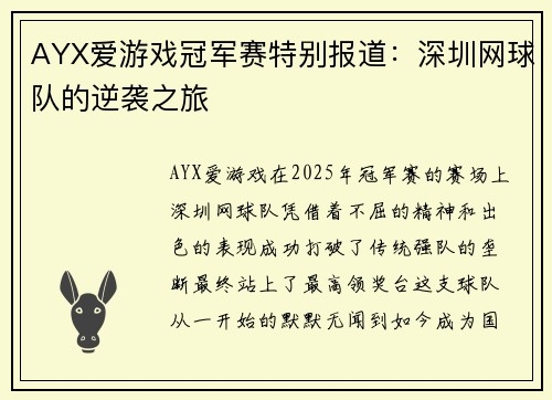 AYX爱游戏冠军赛特别报道：深圳网球队的逆袭之旅